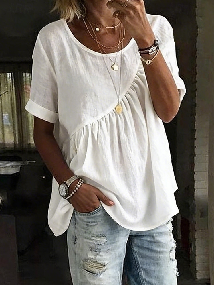 Dames Blouse Katoenen shirt Met ruches Effen Kleur Dagelijks Stijlvol Basic Korte mouw Strakke ronde hals Normale tops Dagelijks blauw Wit Geel Blozend Roze Groen Zomer Lente Herfst 2026 - $21.99 –P2