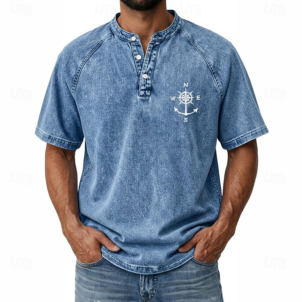 SoftFade™ Men's Demin Shirt 100% Cotton Acid Wash Shirt Henley Top Short Sleeve Vintage Distressed Casual Home Street Summer Spring Black Pink Light Green Gray Light Blue Stand Collar Henley 2026 - $31.99 –P1