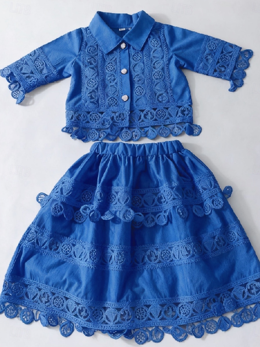 2 Pieces Kids Girls' Solid Color Lace Dress Suits Set Short Sleeve Fashion Outdoor 4 years+ Summer Blue White Pink 2026 - $40.99 –P5