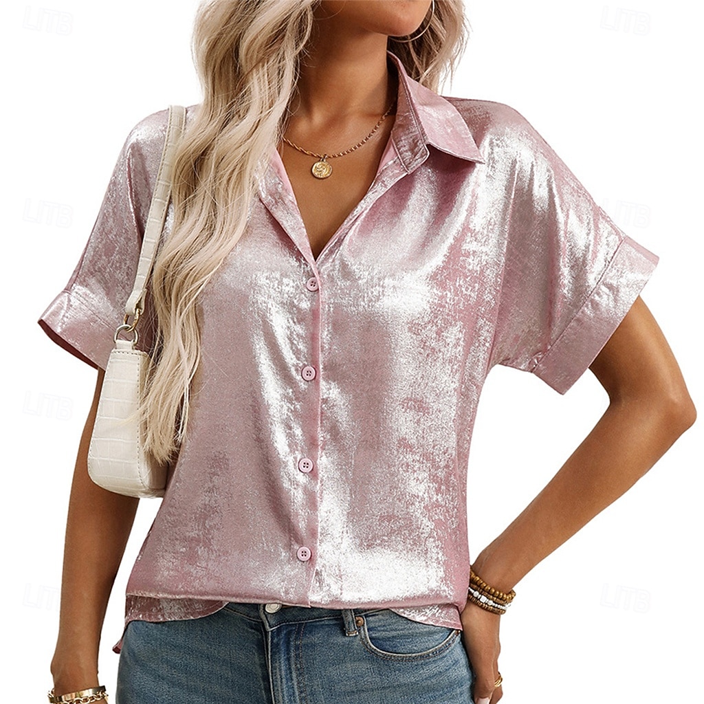 Pentru femei Cămașă Cămașă de Costum Camașă cu nasturi Bluză Nasturi Culoare solidă Elegant Modă Zilnic Manșon scurt Răsfrânt Topuri obișnuite În aer liber Haine de strada Muncă Roz auriu Verde 2026 - $31.99 –P5