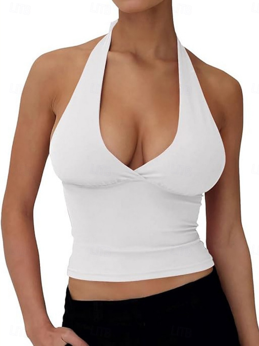 Per donna Canotta All'americana Maglietta senza maniche Maglietta Senza schiena Tinta unica Grafico Semplice Moda Classico Casual Senza Maniche Scollo a V Top corti Quotidiano Uscire Weekend Nero del 2026 a $12.99 –P5