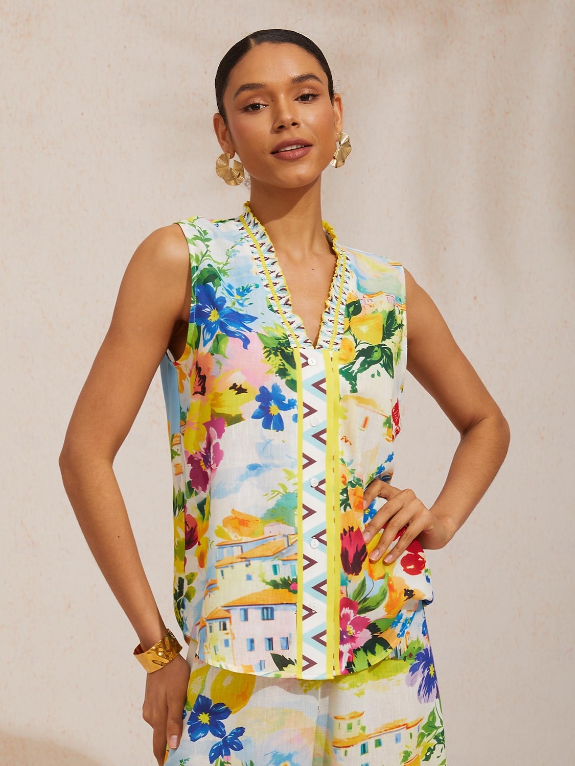 Luftig ärmlös topp i linne-look med citrusträdgård och semestermönster 2026 - $56.99 –P5