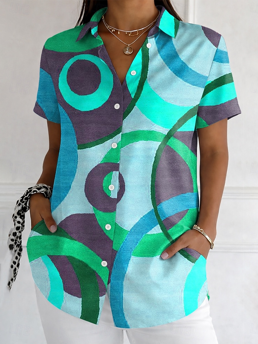 Mujer Camisa Botones Estampado Graphic Geométrico Vintage Elegante Moderno Manga Corta Cuello Camisero Tops largos Diario Azul Piscina Morado Naranja Verde Trébol Verano Primavera 2026 - $26.99 –P3
