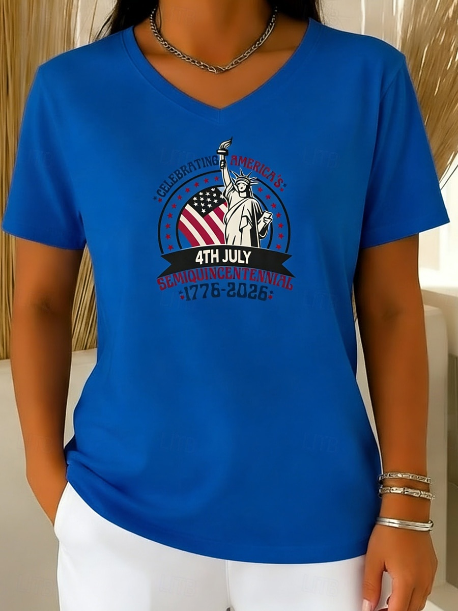 día de la independencia americana Mujer Camiseta Camiseta superior Estampado Graphic Elegante Clásico Casual Manga Corta Escote en Pico Tops regulares Diario Noche Fin de semana Azul Piscina Negro 2026 - $16.49 –P4