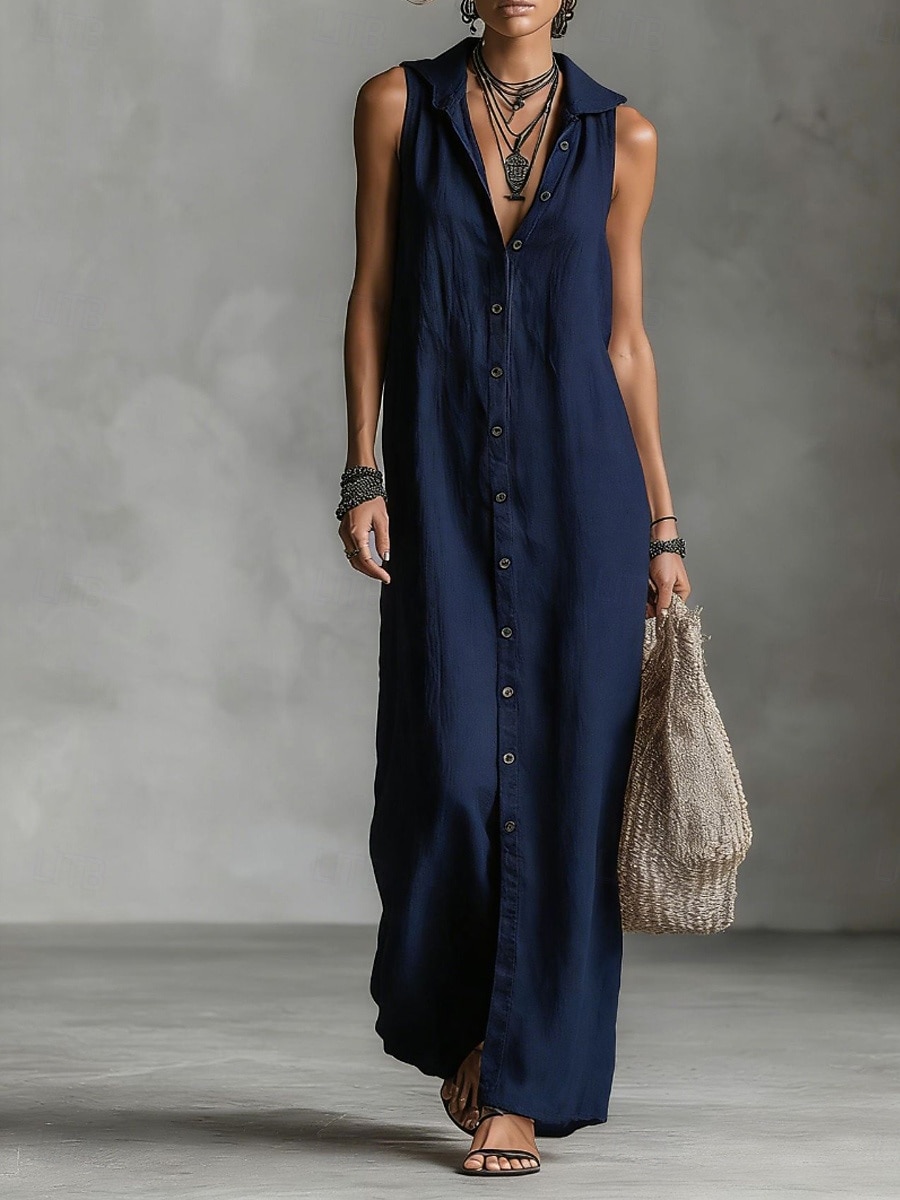 Women's Maxi Dress Linen-feel Dresses Shirt Dress Casual Dress Cotton Linen Dress Elegant Fashion Modern Outdoor Vacation Going out Regular Fit Plain Sleeveless Hooded Black Dusty Rose Navy Blue 2026 - $39.99 –P8