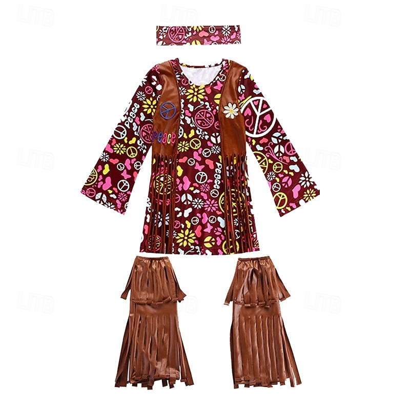 Set Retro Vintage 1970er Kleid Kopfschmuck Zubehör langarm Hippie Disco Fransen Blumen Kostüm Damen Halloween Karneval Musikfestival Retro-Mottoparty Erwachsene Kleid Kopfschmuck Weitere Accessoires 2026 - $54.99 –P2