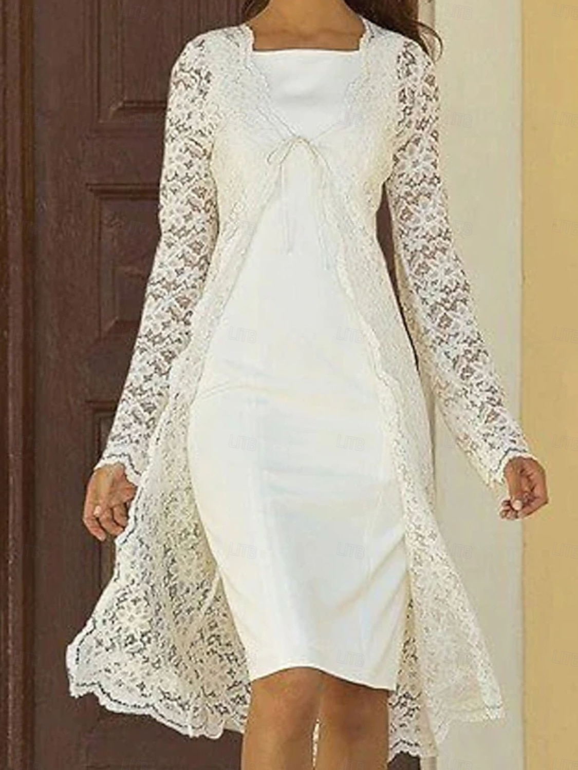 Todelt Linjeform Knelengde Gjestekjole til bryllup Kjole til brudens mor Ermeløs Firkantet hals Elegant Bryllupsgjest Bryllupsfest Kirke Chiffon Blonder Jakke kjoler med Ensfarget 2026 - $160.99 –P6
