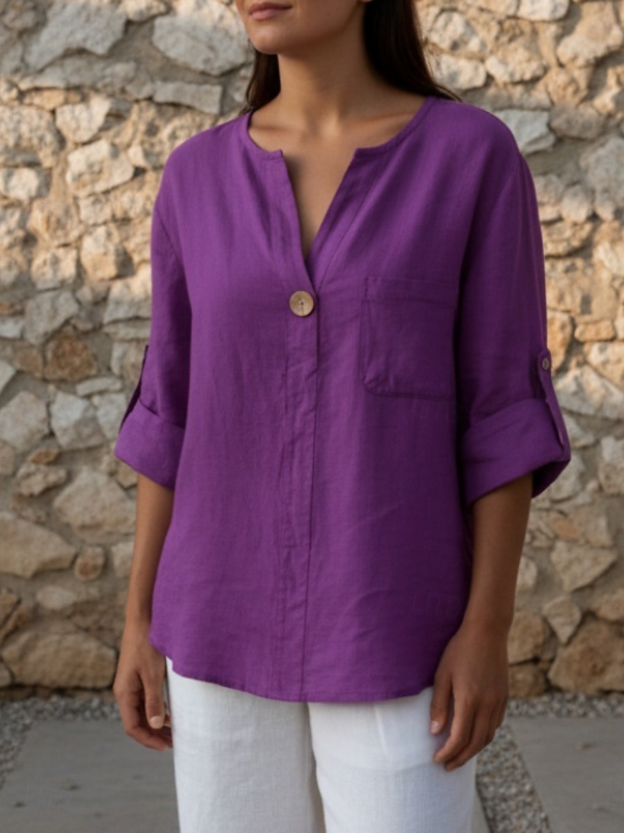 Women's Linen-feel Shirts Blouse Pocket Buttons Plain Active Casual Half Sleeve V Neck Regular Tops Daily Holiday Going out Blue Black White Pink Purple Summer Spring 2026 - $18.99 –P4