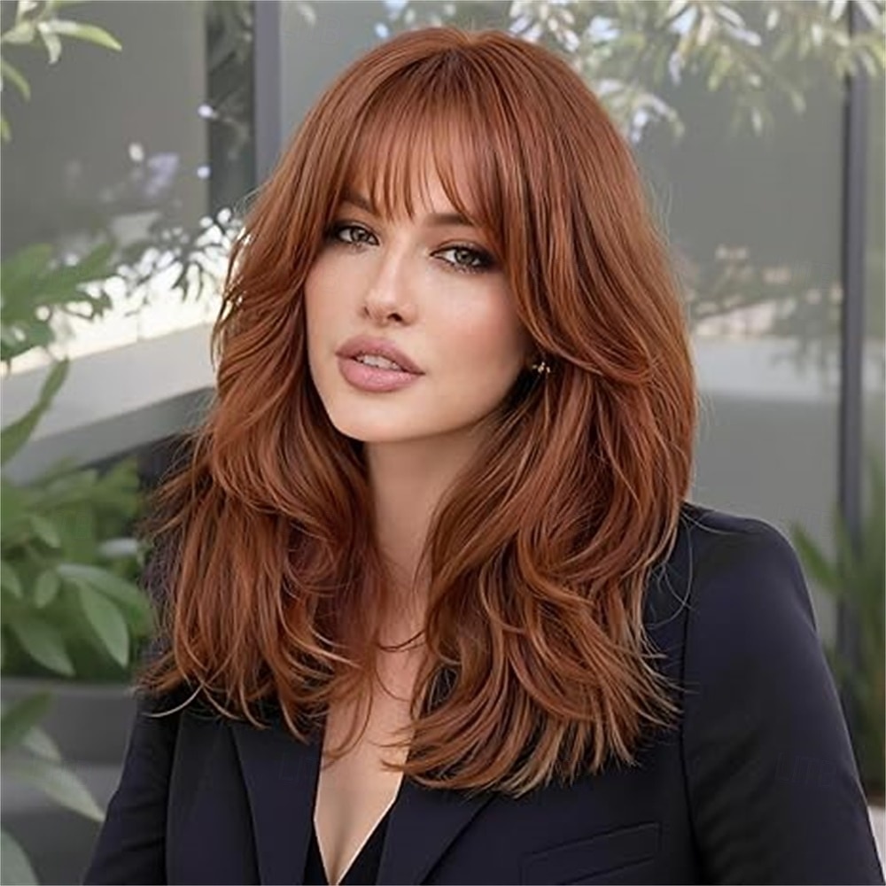 Парик омбре с челкой для женщин, коричневый, смешанный с карамельно-блондинистыми прядями, кудрявые и волнистые парики, многослойная прическа, синтетические парики для повседневной носки и вечеринок, 2026 - $25.99 –P6