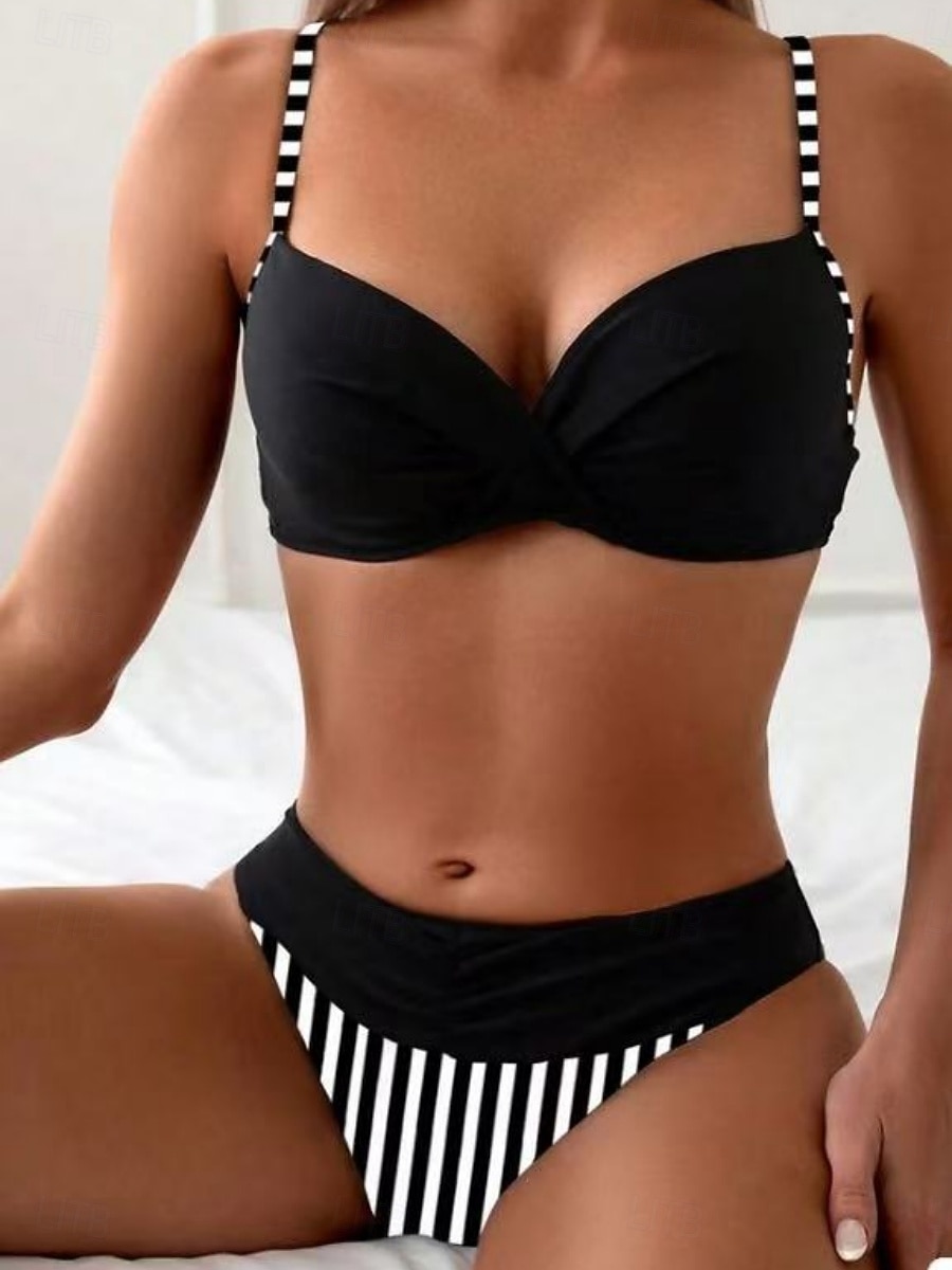 Per donna Costumi da bagno Bikini Due pezzi Mutande Costume da bagno Snello Senza schiena Vacanza Abbigliamento da Spiaggia A righe Scollo a V Senza Maniche Costumi da bagno del 2026 a $24.99 –P1