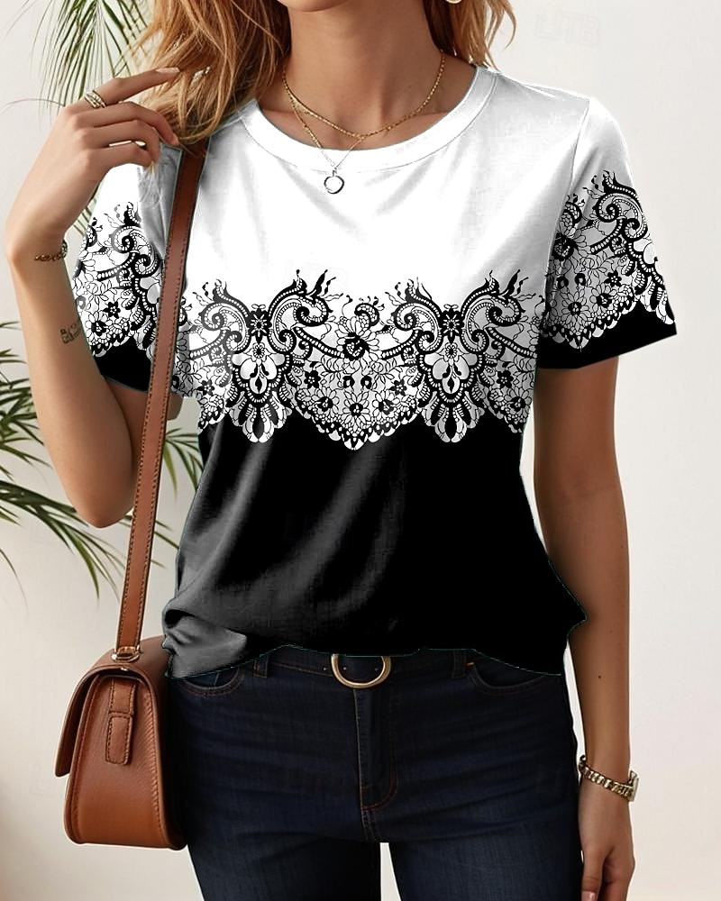 Dames T-shirt Afdrukken Bloemig Casual Korte mouw Ronde hals Normale tops Dagelijks blauw Zwart Wit Lichtgroen Paars Zomer 2026 - $7.99 –P6