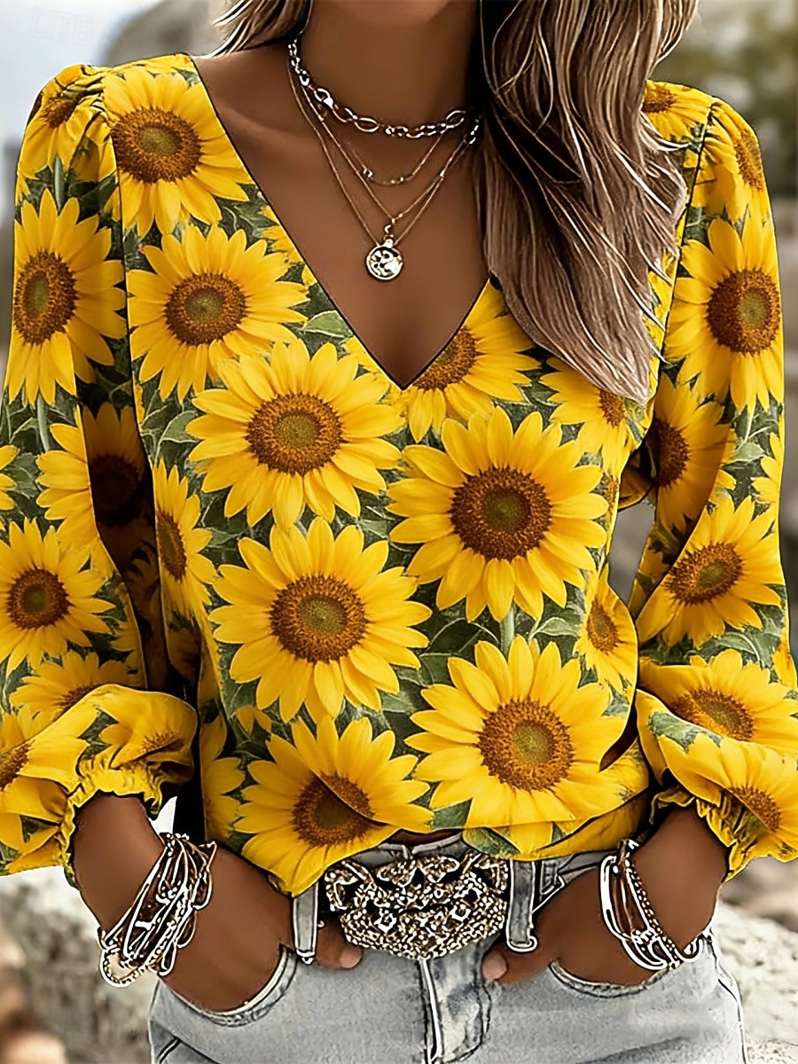 Women's Blouse Print Floral Stylish Casual Long Sleeve V Neck Regular Tops Daily Blue Sage Green Black Yellow Pink Summer Spring Fall 2026 - $25.99 –P2