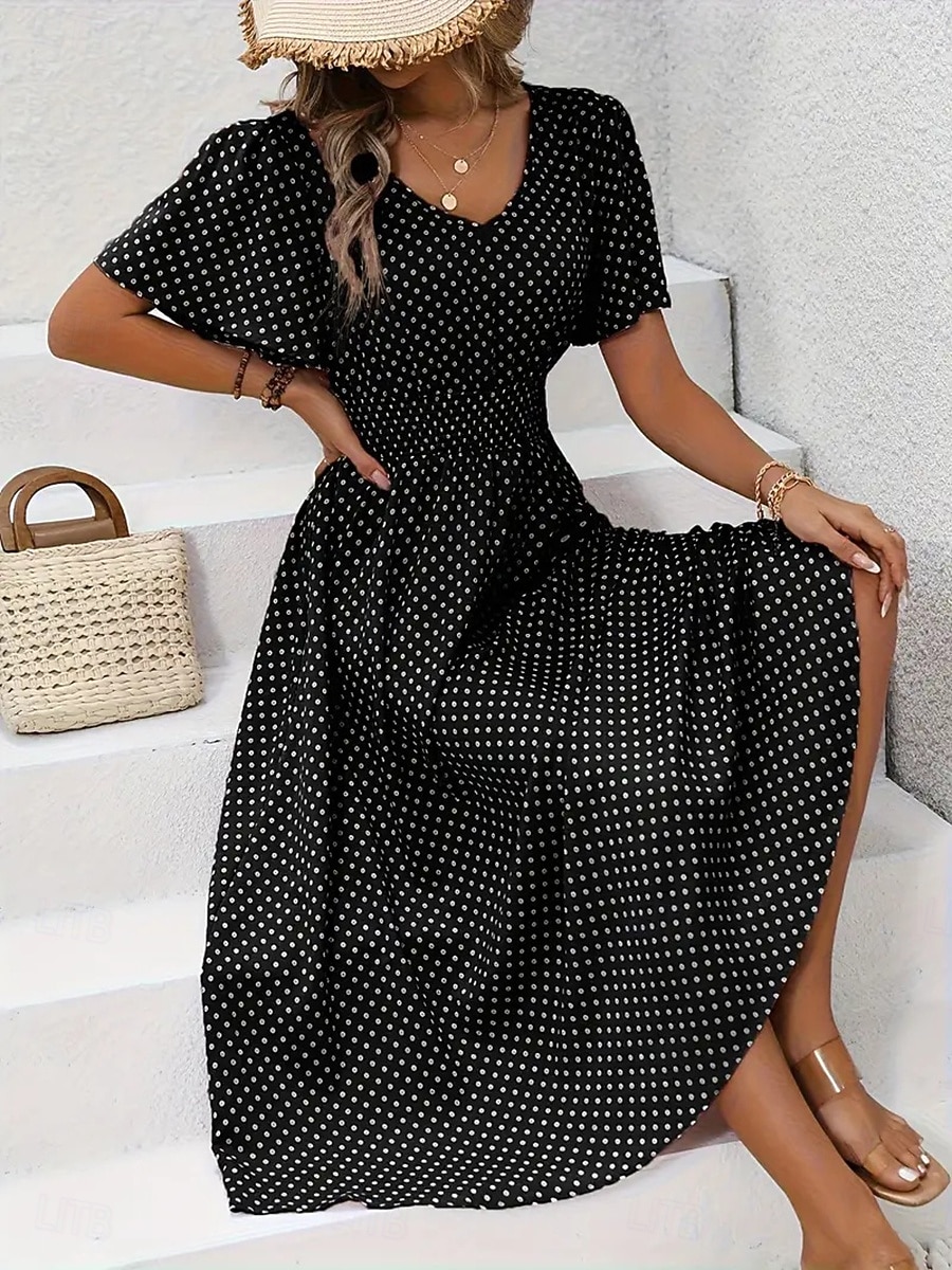 Pentru femei Rochii Midi Rochie casual Rochie imprimata Elegant Modă Modern În aer liber Vacanță Ieșire Fit regulat Buline Manșon scurt În V Albastru piscină Negru Galben Roz Îmbujorat Vară Primăvară 2026 - $25.99 –P7