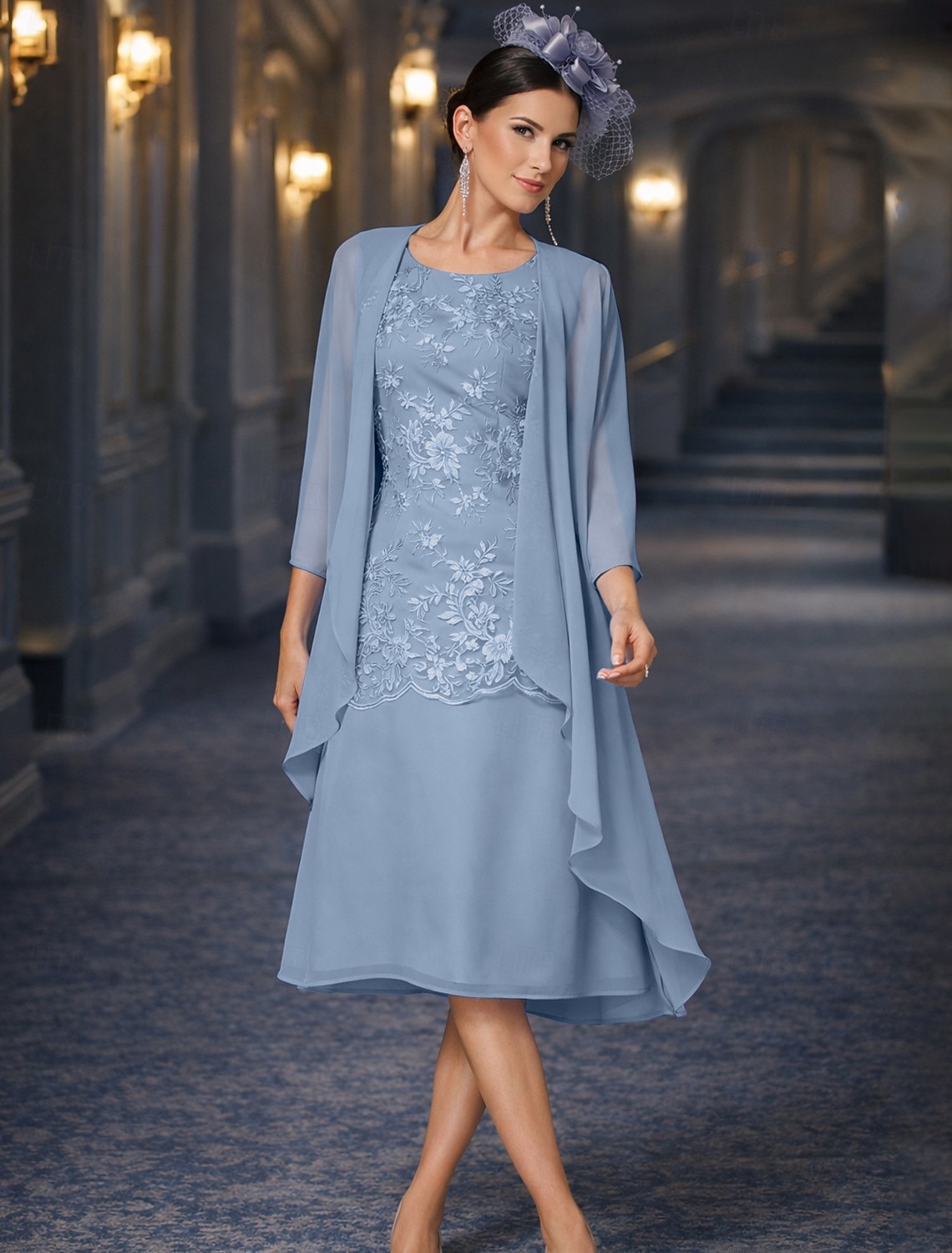 שני חלקים מעטפת עמוד באורך הקרסול שמלת אורח לחתונה שמלה לאם הכלה  ללא שרוולים עם תכשיטים אלגנטית אורחת חתונה מסיבת החתונה שיפון תחרה שמלות ז'קט עם אפליקציות 2026 - $146.99 –P13