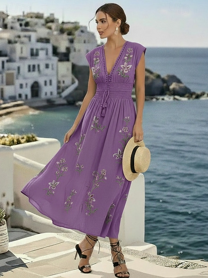 rochie midi pentru femei boem cu decolteu în V broderie florală talie elastică șnur cu mânecă scurtă vacanță la plajă roz confortabil potrivire regulată îmbrăcăminte ocazională de vară 2026 - $26.99 –P3