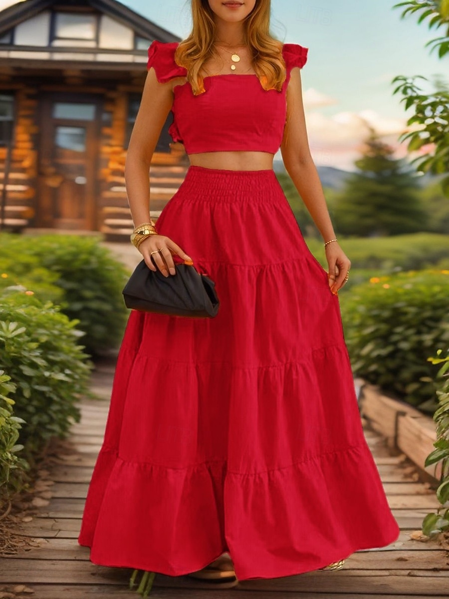 Mujer conjuntos de falda Sin Mangas Escote Cuadrado Plano Frunce Elegante Moda Ropa de calle Casual Diario Exterior Negro Blanco Amarillo Verano Ajuste regular 2026 - $27.99 –P8