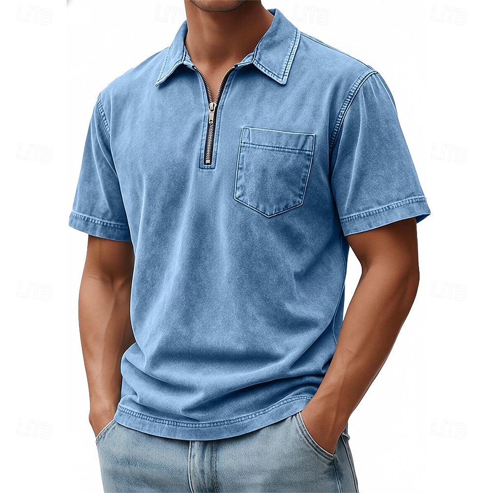 SoftFade™ Miesten Vetoketjullinen Polo 100% Puuvillaa Happopesu Paita Rentoa Päivittäinen Käyttö Neljännes Vetoketju Lyhythihainen Muoti Perus Yksinkertainen Denim Tasku Haalistunut Kesä Kevät 2026 - $31.99 –P3