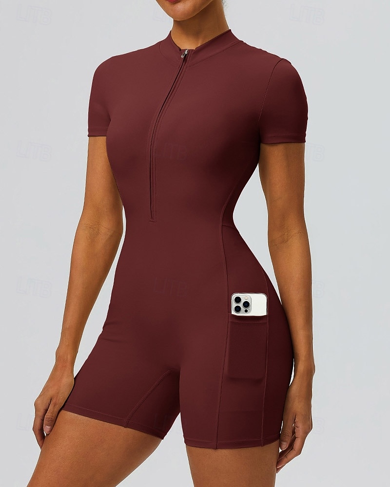 Per donna Tute da allenamento Tutina Tasca Cerniera Frontale Tinta unica Body Estate Primavera Autunno Bianco latte Nero Corsa Fitness Yoga Sollevamento glutei Asciugatura Rapida Elastico Manica Corta del 2026 a $30.99 –P1