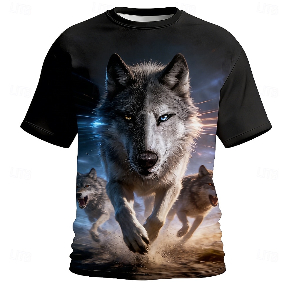 T-shirt homme à manches courtes et col rond, imprimé intégral, coupe classique, style streetwear décontracté, motif loups en mouvement, inspiration fantasy cyberpunk. Tailles : S, M, L, XL, XXL, XXXL. de 2026 ? $22.99 –P1