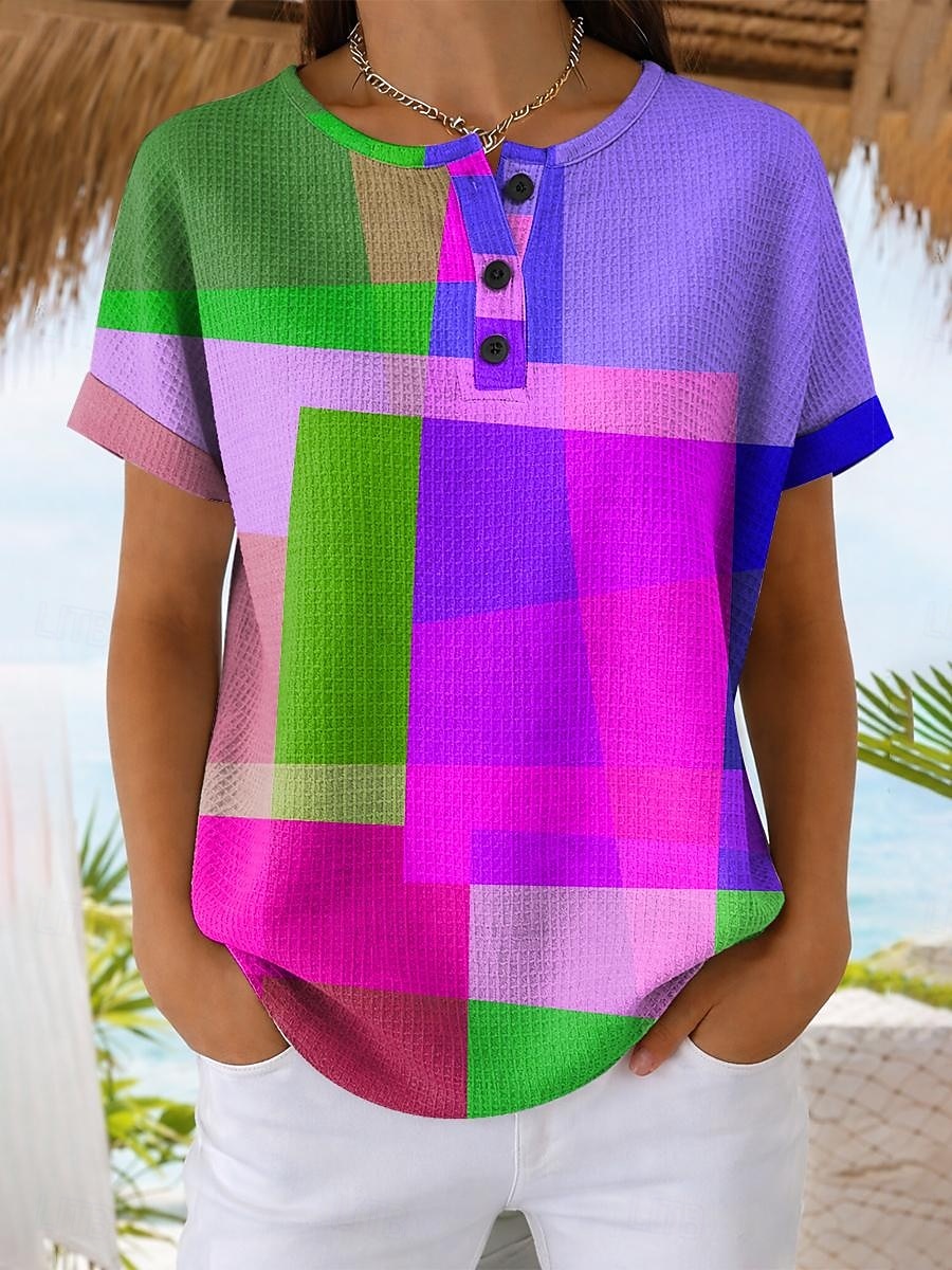 T-shirt waffle per donna stampa grafica a blocchi di colore geometrica vintage elegante classica manica corta collo rotondo top regolari quotidiani blu rosso viola arancione estate primavera del 2026 a $24.99 –P3