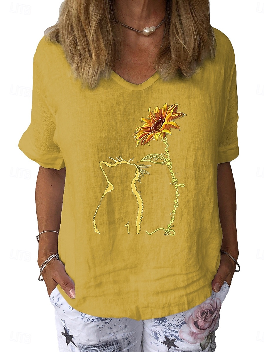 Damen Baumwoll Mischung Bluse Patchwork Druck Grafik Stilvoll Klassisch Modern Kurzarm V Ausschnitt Normale Oberteile Täglich Ferien Ausgehen Weiß Gelb Dunkelblau Grau Leicht Blau Sommer Frühling 2026 - $19.99 –P3