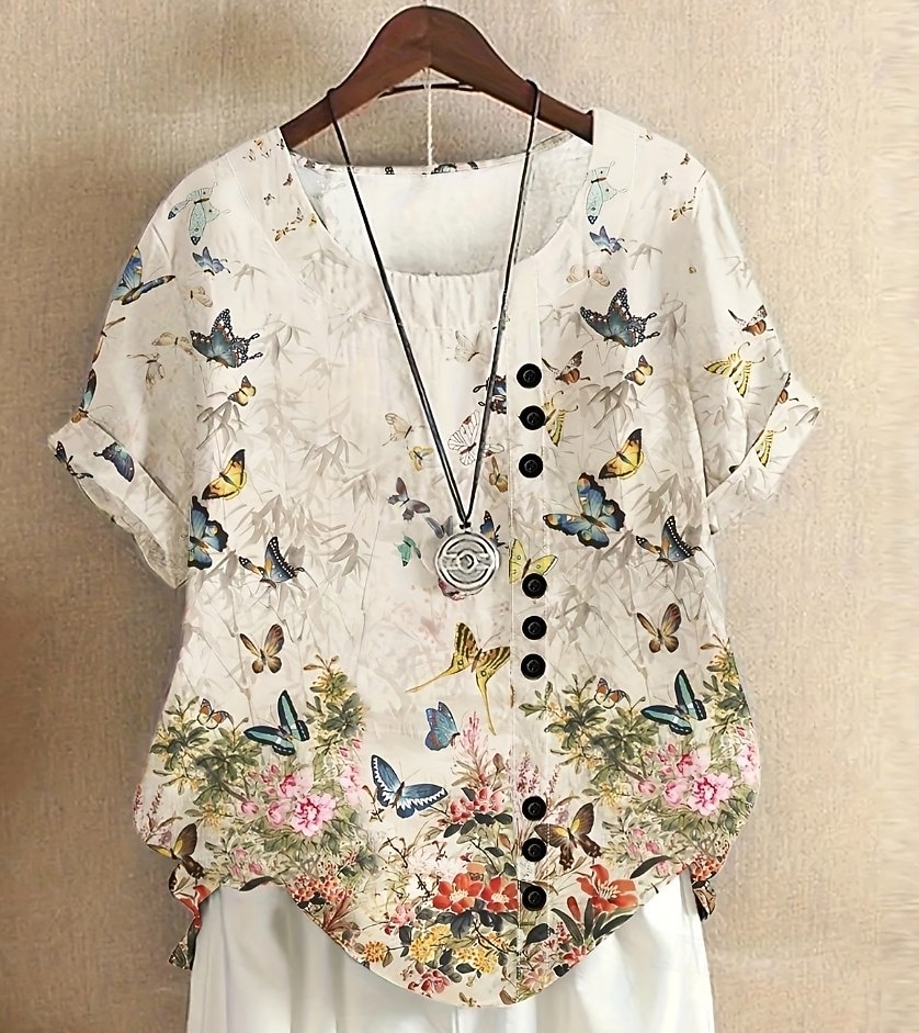 Γυναικεία Πουκάμισο Μπλούζα Λινό από ψεύτικο βαμβάκι Στάμπα Φλοράλ Καθημερινό Αμάνικο Κοντομάνικο Στρογγυλή Ψηλή Λαιμόκοψη Τετράγωνη Λαιμόκοψη Λαιμός σέσουλα Κανονικά μπλουζάκια Καθημερινά Λευκό Μπεζ 2026 - $25.99 –P1