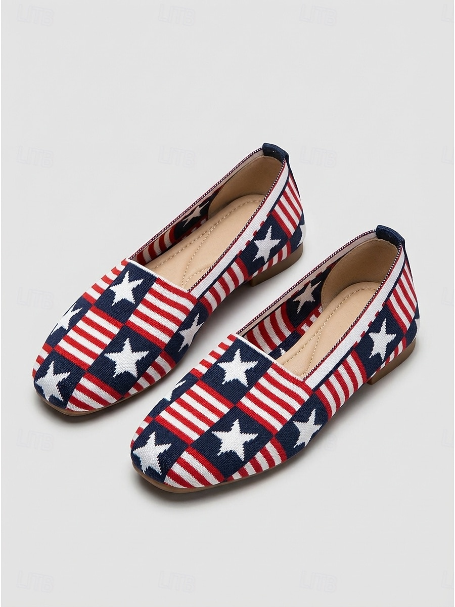 Damskie balerinki USA 250 Patriotic - oddychające, dzianinowe, prążkowane buty z detalami w kształcie gwiazdek &kwadratowe palce na amerykański dzień niepodległości, codzienny komfort &wydarzenia 2026 - $24.99 –P4