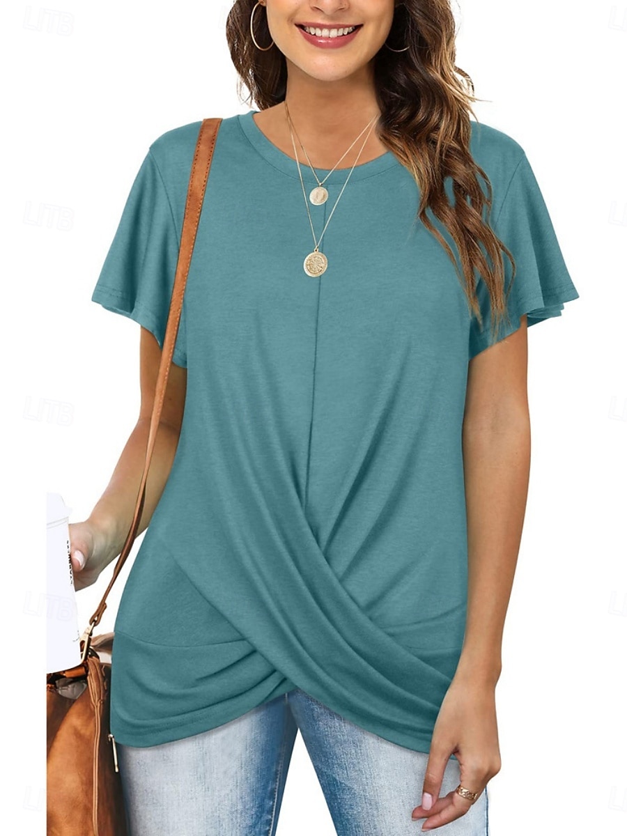 Mulheres Camiseta T-shirt Franzido Tecido Moda à moda Clássico Manga Curta Gola Redonda Tops regulares Diário Para Noite Final de semana Azul Preto Branco Rosa Vinho Verão Primavera de 2026 por $19.99 –P5