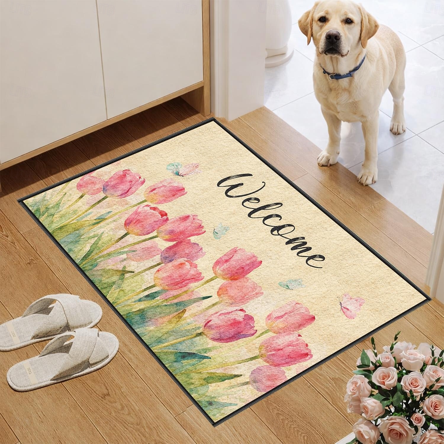 Willkommens-Fußmatte aus Kaschmirimitat mit Tulpenmuster, rutschfest, kurzflorig, für Eingangsbereich, Terrasse, Schlafzimmer und Küche. 2026 - $10.49 –P3