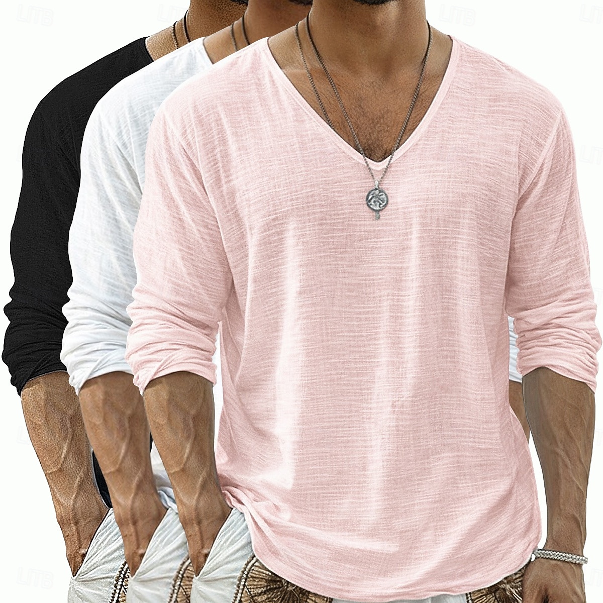 Per uomo Maglietta Maglietta in lino Manica Lunga Scollo a V Primavera & Estate Estate Primavera Tinta unica Semplice Quotidiano Casual Stile da Strada 3 pezzi Puro Confezione multipla Casuale del 2026 a $40.99 –P12