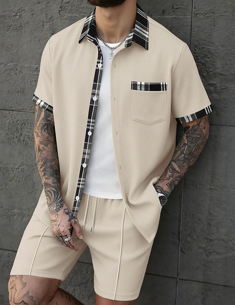 Herren Zweiteilig Hemd Set Sommer-Set Und Set Kontrastfarbe Lässig Täglich Urlaub Hemdkragen Kurzarm Kurze Hose Sommer Frühling Mode Lässig Bequem Bekleidung 2026 - $36.99 –P1