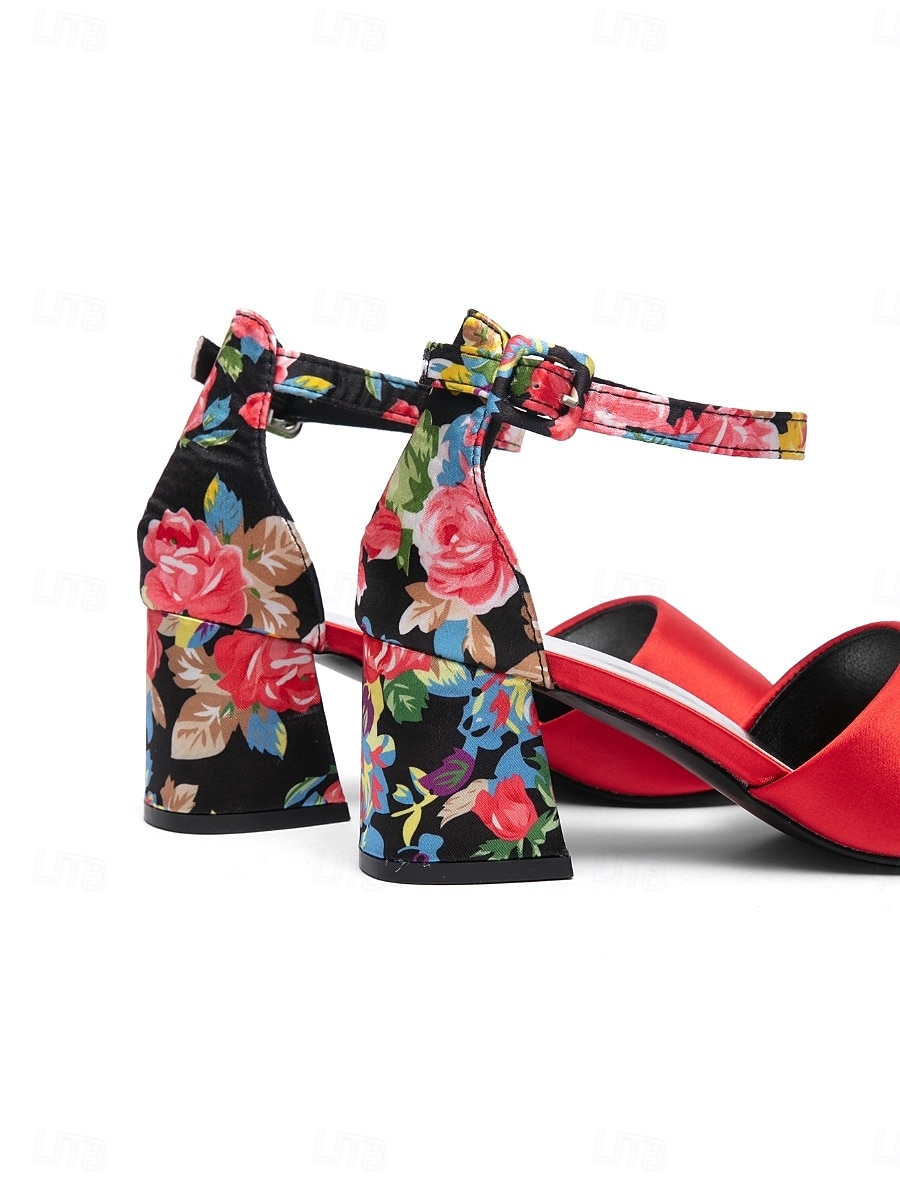 Damessandalen uit de jaren 50 in vintage rood satijn - elegante pumps met middelhoge blokhak en enkelbandje met bloemenprint, perfect voor rockabillyfeesten en retro gala's. &zomerse sociale 2026 - $34.99 –P3