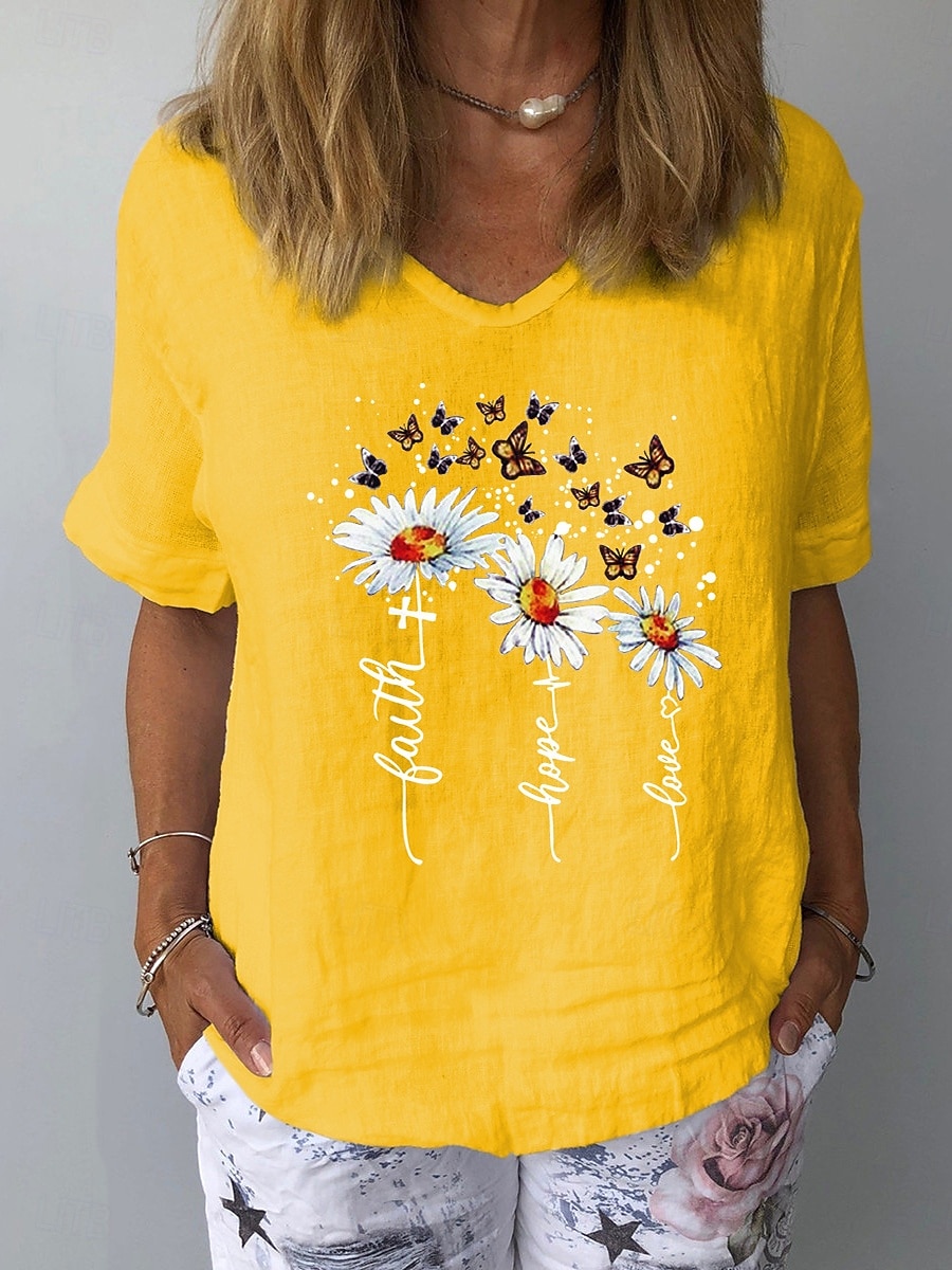 Damen Leinenhemd T Shirt T-Shirt Druck Blumen Grafik Mode Klassisch Lässig Kurzarm V Ausschnitt Normale Oberteile Täglich Ausgehen Wochenende Weiß Gelb Marineblau Grau Leicht Blau Sommer Frühling 2026 - $19.99 –P4
