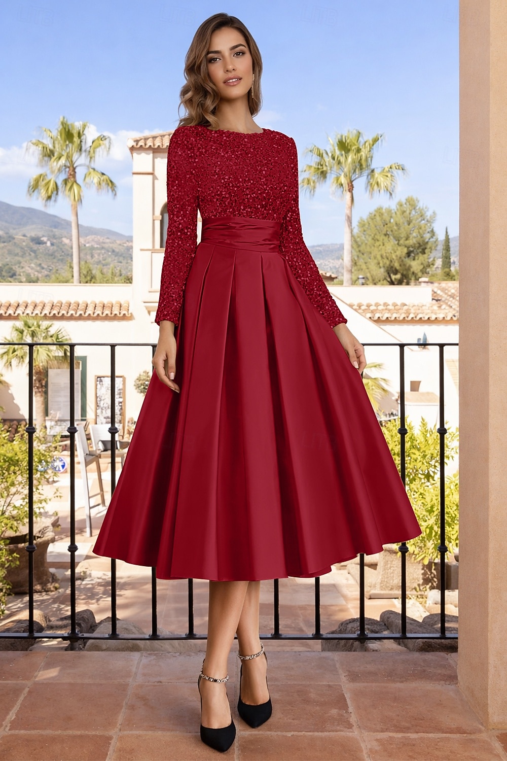 Linea ad A Lunghezza Tè Abiti da Cocktail Abiti da festa Elegante Brillanti Manica Lunga Girocollo Natale Ospite di nozze Raso Velluto con Pieghe Paillettes del 2026 a $126.99 –P7