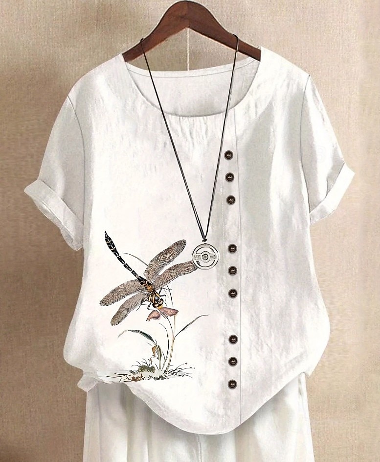 Damen Hemd Bluse Kunstbaumwollleinen Druck Blumen Tiermotiv Vintage Stilvoll Lässig Ärmellos Kurzarm Rundhalsausschnitt Lange Oberteile Täglich Weiß Sommer Frühling 2026 - $25.99 –P2