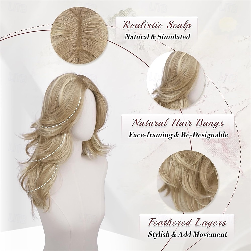2026年 女性用、ダーティブロンドのウェーブのかかったレイヤードウィッグ、カーテンバング付き、長さ22インチの合成繊維製、自然な見た目のセンターパートウィッグ、コスチュームパーティーや普段使いに最適  コレクション – $30.99 –P3