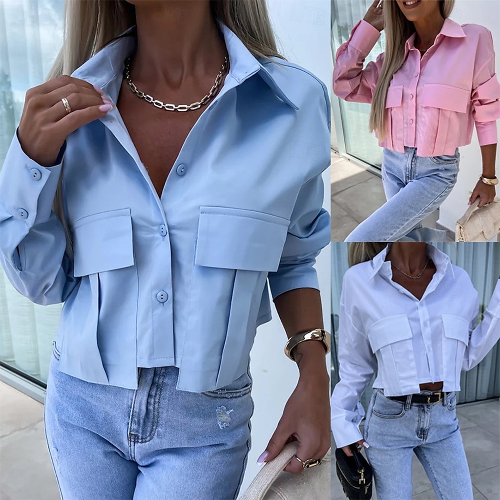 Per donna Camicia Camicia casual Camicia con Bottoni Blusa Tasca Bottoni Tinta unica Semplice Vacanza Moda Quotidiano Manica Lunga Manica a pipistrello Collo ripiegato Top corti Quotidiano del 2026 a $28.99 –P1