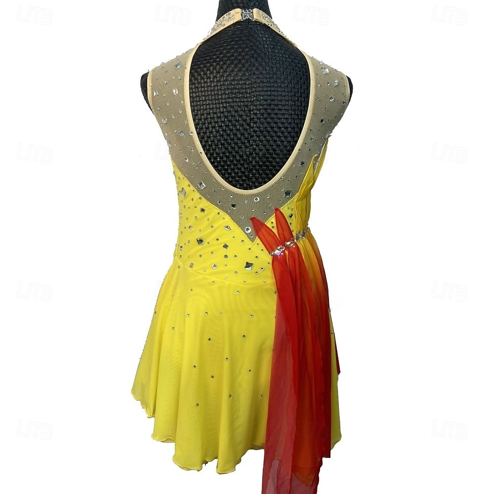 Kunstschaatsjurk Voor meisjes Schaatsen Jurken Rood / geel Lapwerk Open achterkant Rekbaar Opleiding Wedstrijd Kunstschaatskleding Klassiek Kristal / Bergkristal Mouwloos Schaatsen Kunstschaatsen 2026 - $244.29 –P5