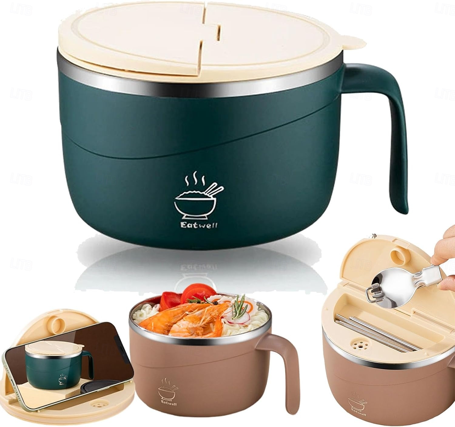 304 rustfritt stål nudelskål med lokk og håndtak, 1200 ml ramenskål med stor kapasitet, dobbeltvegget skåldingssikker suppeskål, bærbar matbeholder for studenthjem, kontor, hjemmebruk 2026 - $16.99 –P4