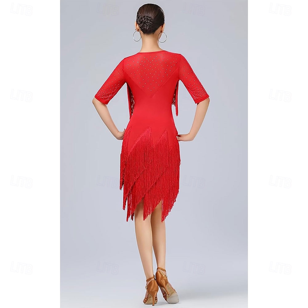 Baile Latino Vestido Pedrería Borla Mujer Fiesta Entrenamiento Rendimiento Media Manga Cintura Alta Nailon Encaje Licra 2026 - $96.99 –P2