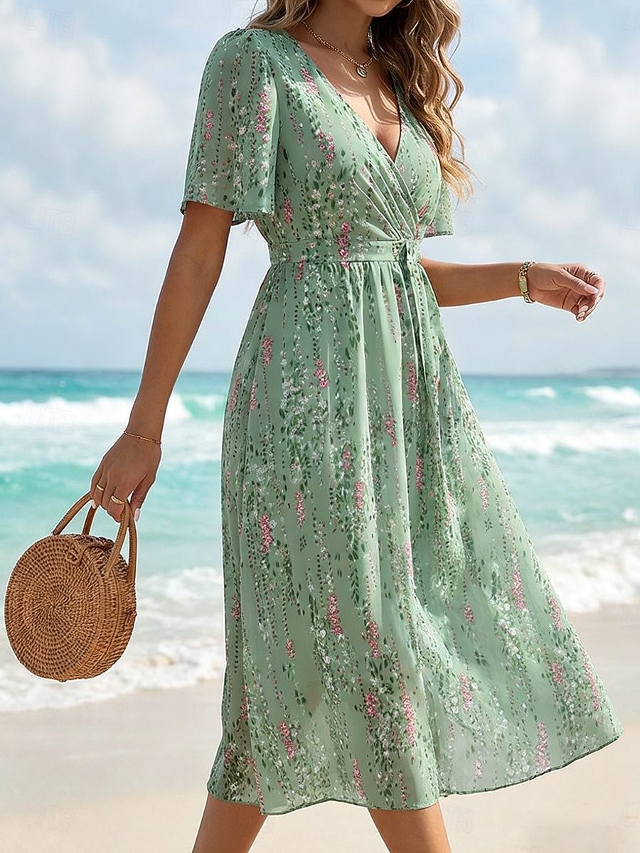 Women's Midi Dress Boho Dress Beach Dress Floral Dress Fashion Modern Vacation Holiday Regular Fit Flower Short Sleeve V Neck Blue Light Green Red Navy Blue Summer 2026