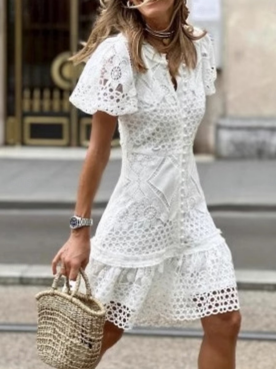 Pentru femei Rochii Lungime Genunchi Rochie de dantela Rochie albă Rochie casual Elegant Modă Modern În aer liber Vacanță Ieșire Fit regulat Simplu Manșon scurt În V Alb Vară Primăvară 2026 - $41.99 –P1