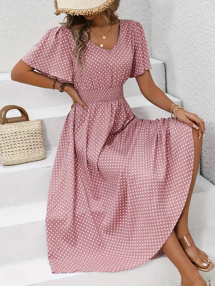 Pentru femei Rochii Midi Rochie casual Rochie imprimata Elegant Modă Modern În aer liber Vacanță Ieșire Fit regulat Buline Manșon scurt În V Albastru piscină Negru Galben Roz Îmbujorat Vară Primăvară 2026 - $25.99 –P3