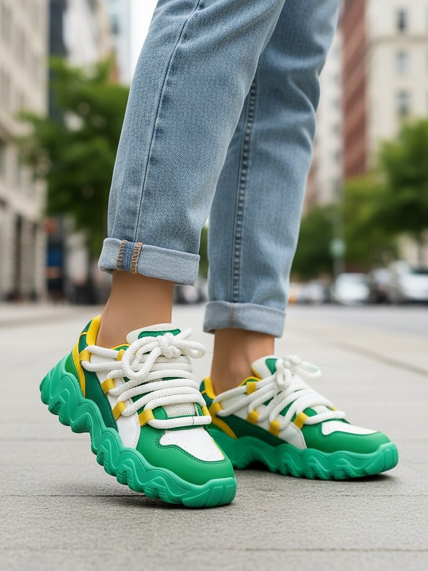 Sneaker Chunky Blocco Colorato Verde e Bianco da Donna per Mardi Gras con Lacci in Cordoncino – Scarpe Platform Vivaci per Carnevale Feste anni '90 e Moda Urbana del 2026 a $42.99 –P1