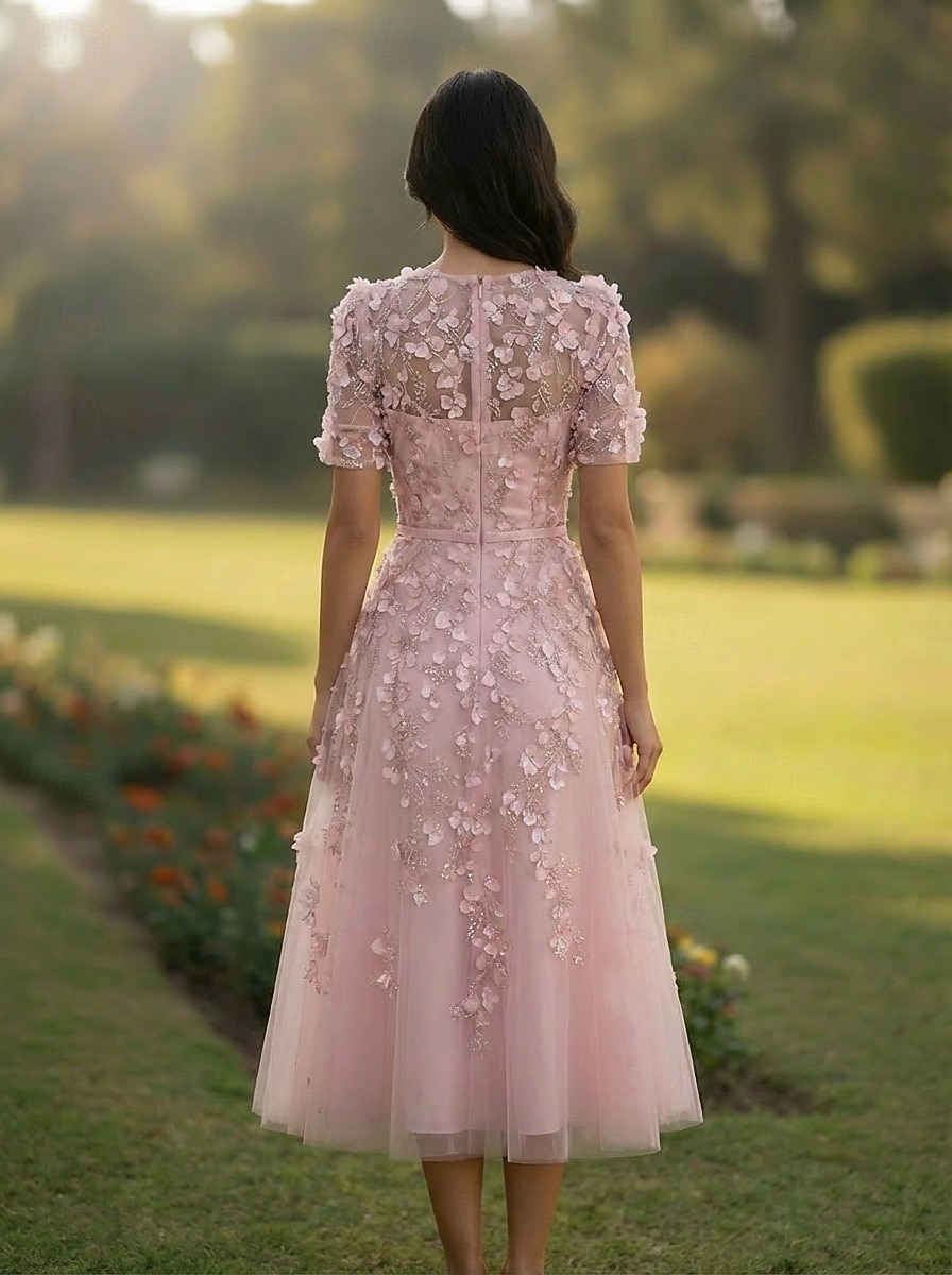 A-Line Tea Length Cocktail Dresses Elegant Vintage Floral Short Sleeve Crew Neck Wedding Formal Pink Dress Lace Tulle with Beaded Eembroidered Appliques 2026 - $205.89 –P3
