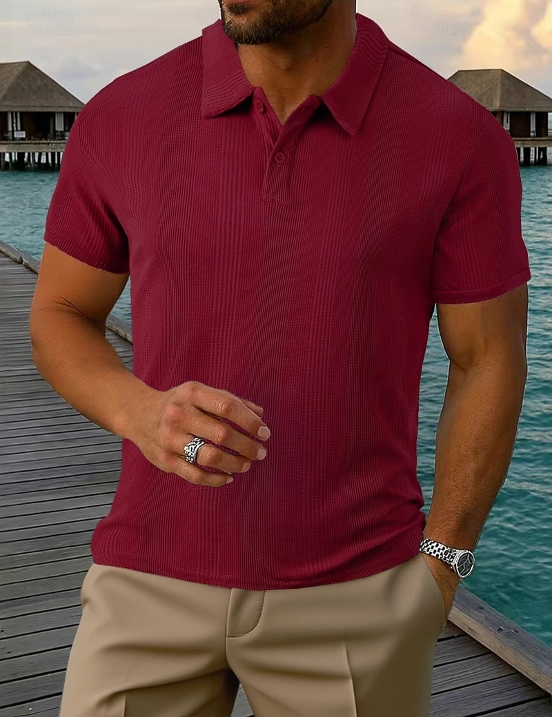 Homme Polo Texturé Occasionnel Rue Revers Manche Courte Basique Moderne Uni Rayures Boutons Tricot Été Printemps Coupe régulière Noir Blanche Rouge Bordeaux Gris Claire Abricot Bleu clair Polo de 2026 ? $17.99 –P4