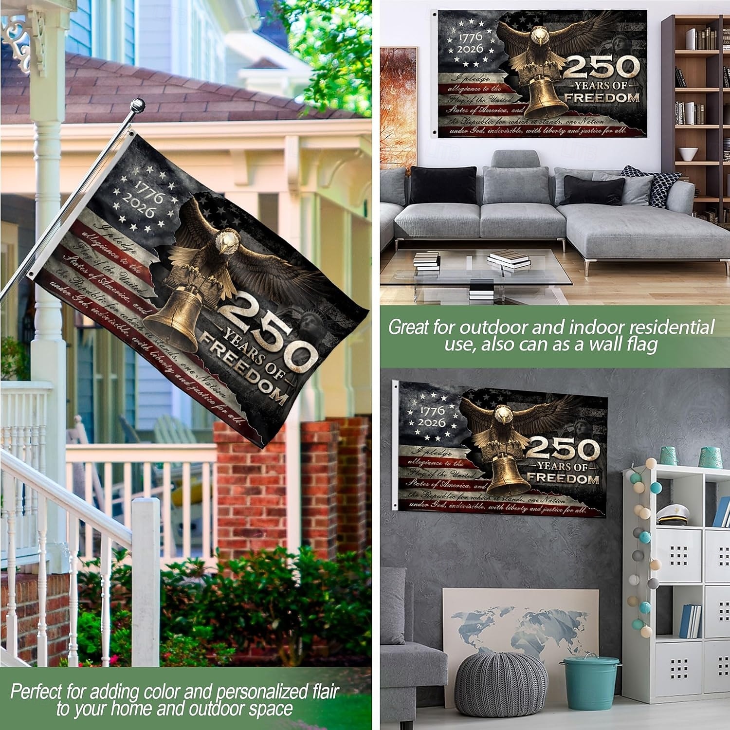 Drapeau américain du 250e anniversaire orné d'un aigle à tête blanche, de la cloche de la Liberté et de la mention « 1776-2026 », idéal pour une décoration patriotique à la maison ou pour des fêtes. de 2026 ? $17.99 –P3