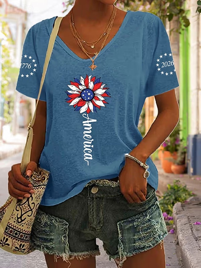 Amerikaanse onafhankelijkheidsdag Dames T-shirt Afdrukken Grafisch Amerikaanse vlag Vintage Stijlvol Klassiek Korte mouw V-hals Normale tops Dagelijks blauw Zwart Wit Grijs Zomer Lente 2026 - $21.99 –P1