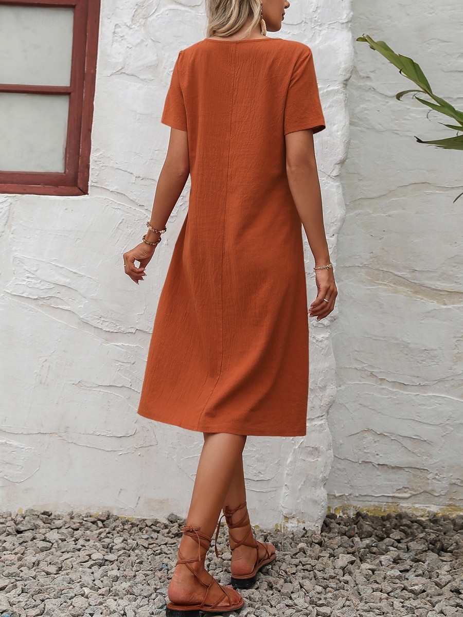 Women's Midi  Faux Cotton Linen  Dress A Line Dress Summer Dress Casual Daily Loose Fit Plain Short Sleeve Crew Neck Black Orange Army Green Apricot Summer 2026 - $28.99 –P4