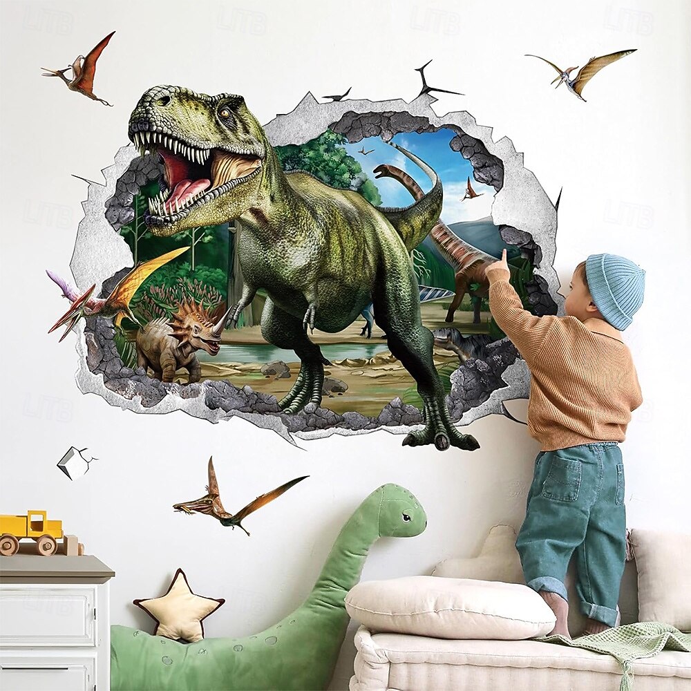 3D őskori dinoszaurusz világ t-rex triceratops brachiosaurus törött falhatás dzsungel fali kárpit ajtó banner gyerekek hálószoba fiúk játszószoba dekoráció születésnapi buli háttér 2026 - $19.99 –P3